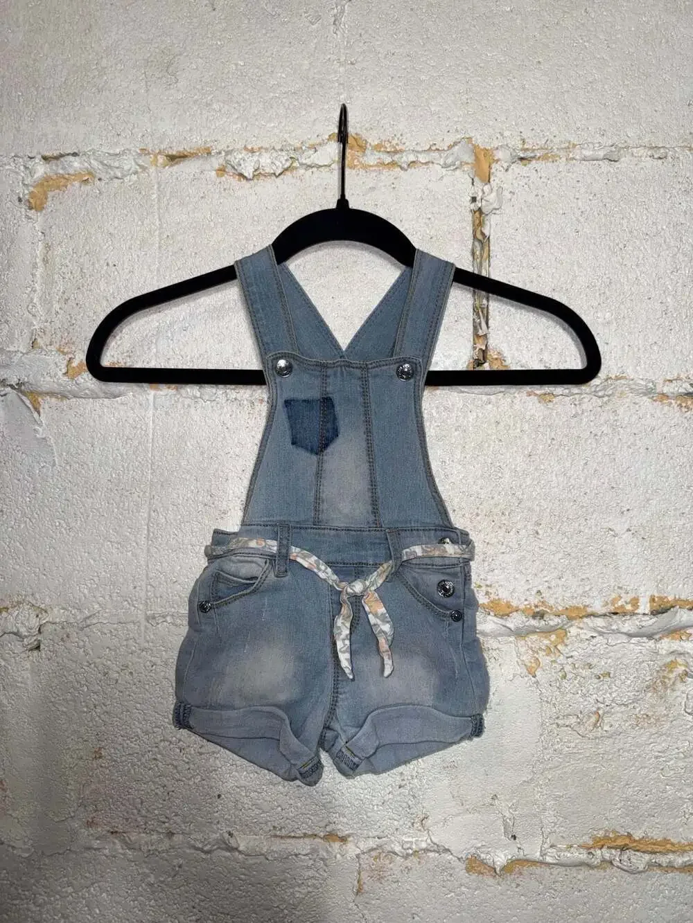 7 For All Mankind Toddler Girls Denim Shortalls with Floral Belt, Size 24M